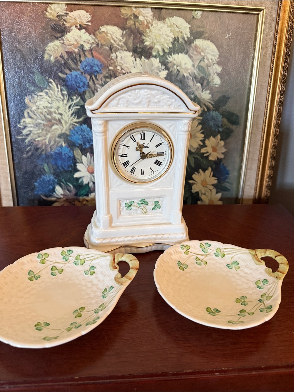 Vintage Ivory Ceramic Mantel Clock with Shamrock Accents